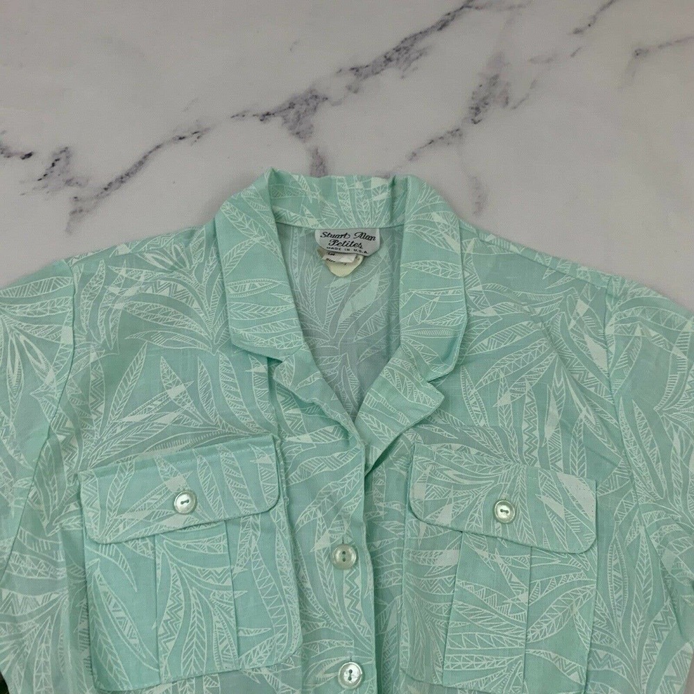 Womens Vintage Shirt Dress Size 8 Petite Mint Green Tropical Floral Midi Pastel - Picture 2 of 11